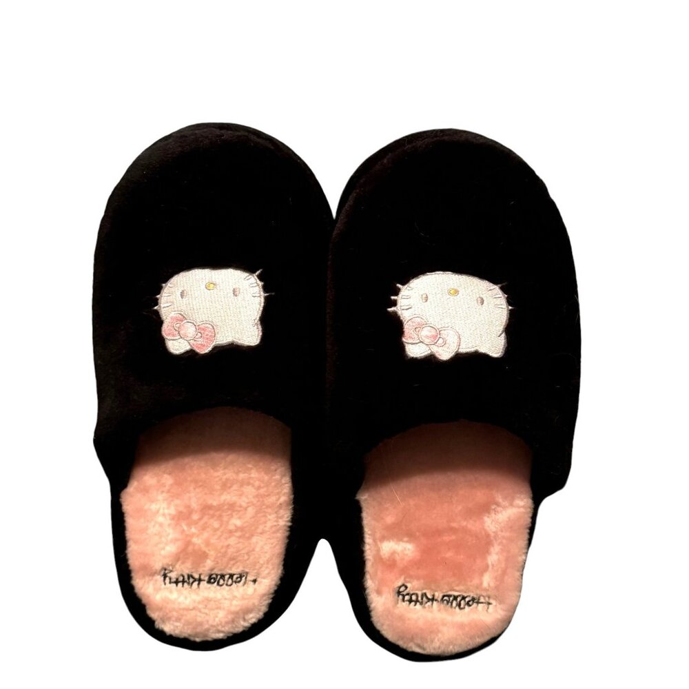 Hello Kitty Large Plush Slippers Size 9-10 Sanrio Textured Sole Pink & Black